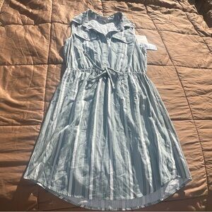 NWT BeBop Sage/White Striped Sleeveless Collared Shirt Linen Blend Dress Size M